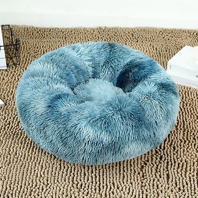 Calming Dog Bed for Small Dogs, Calming Donut Cuddler Pet Bed Anti Anxiety Round Dog Bed Fluffy Plush Faux Fur Cat Bed,Navy Blue,35.5IN