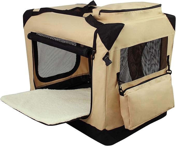EliteField 3-Door Folding Soft Dog Crate with Carrying Bag and Fleece Bed (2 Year Warranty), Indoor & Outdoor Pet Home (36" L x 24" W x 28" H, Beige)