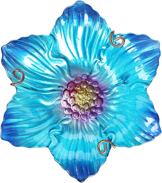 Outdoor Bird Bath Glass Birdbath Garden Birdfeeder with Metal Stake Blue(Height:26inch)