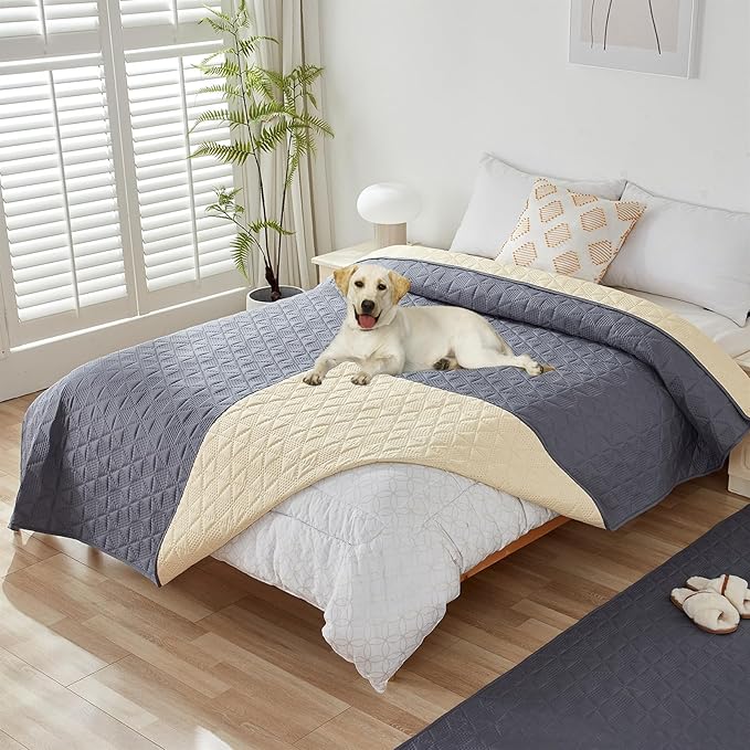 GIBZ Water Resistant Dog Bed Blanket Cover Large Anti Slip Pet Furniture Protector Washable Cat Quilted Mat for Couch, Grey, 210x260cm