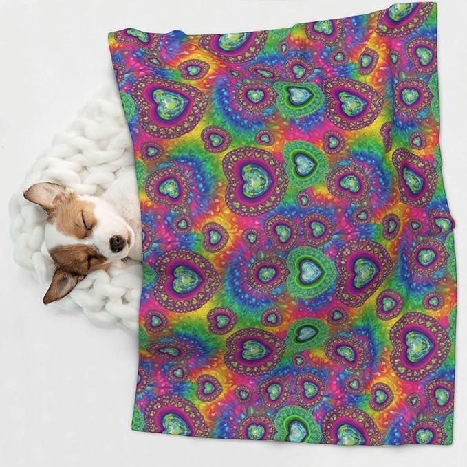Dog and Cat Blanket in One, Tie Dye Psychedelic Purple Love Heart, Double Sided Plush Throw with Raised Dot Pattern on One Side and Flat Velvet on Other for Variety