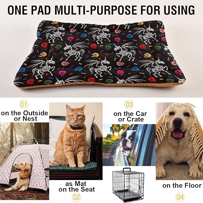 Gothic Unicorn Skeleton Skull Pet Bed Cute Dog Bed Mat Absorbing Non Slip Pad Pet Sleeping Mat for Small, Medium, and Large Dogs Puppy Cat 24 in x 18 in