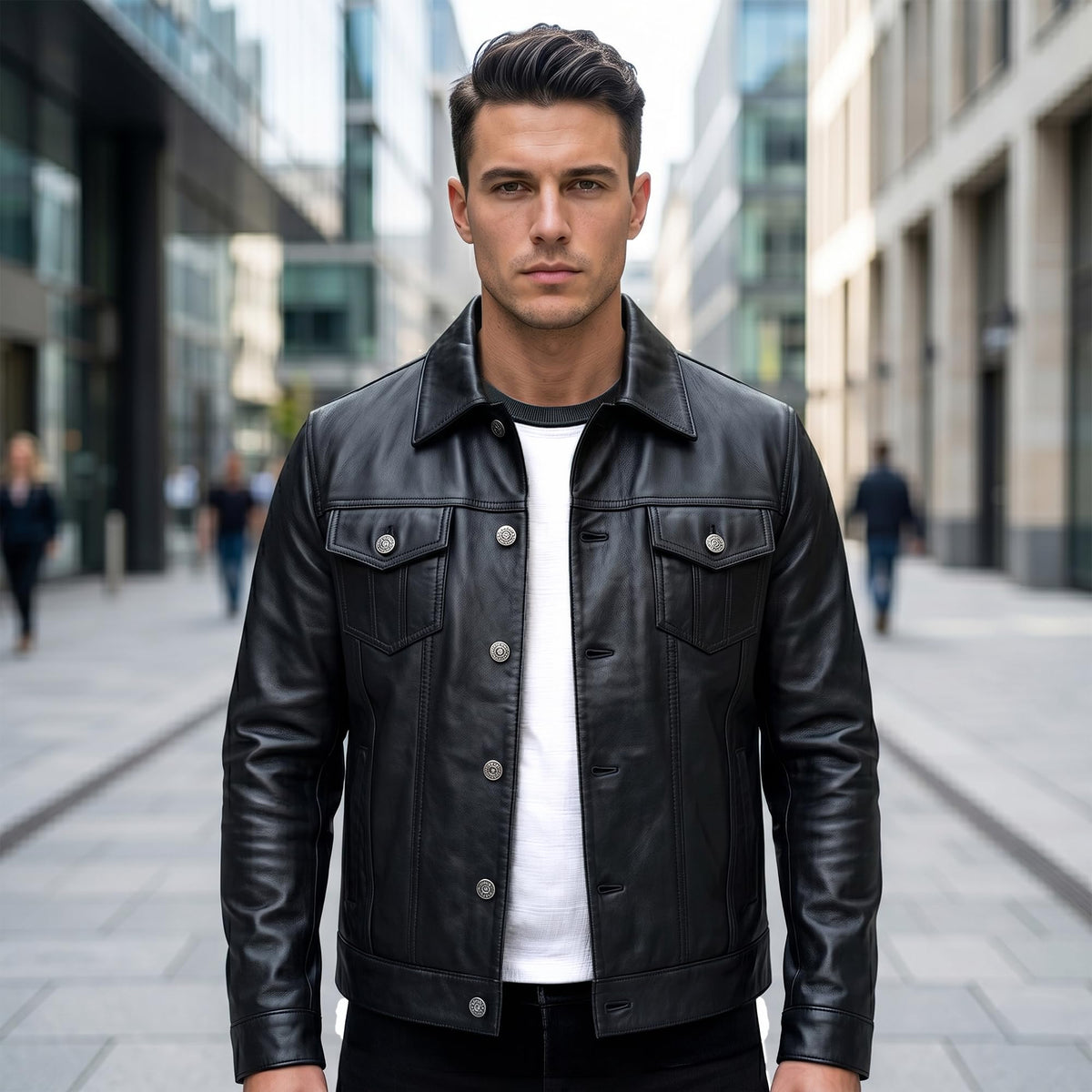 UrbanFocal Black Leather Jacket Men - Real Lambskin Trucker Men's Leather Jackets | [101002305] F.Trucker Black, XL