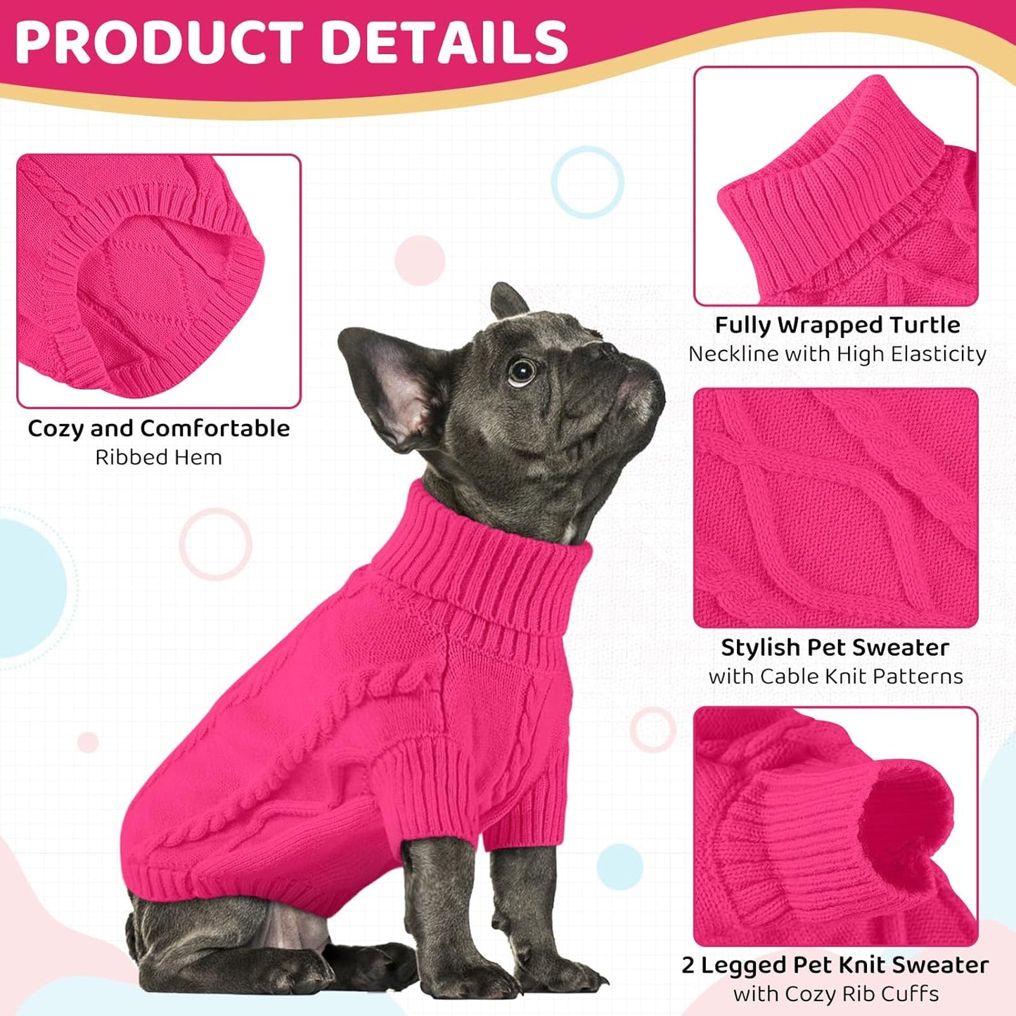 Queenmore Small Dog Pullover Sweater, Cold Weather Cable Knitwear, Classic Turtleneck Thick Warm Clothes for Chihuahua, Bulldog, Dachshund, Pug (Fuchsia, Large)