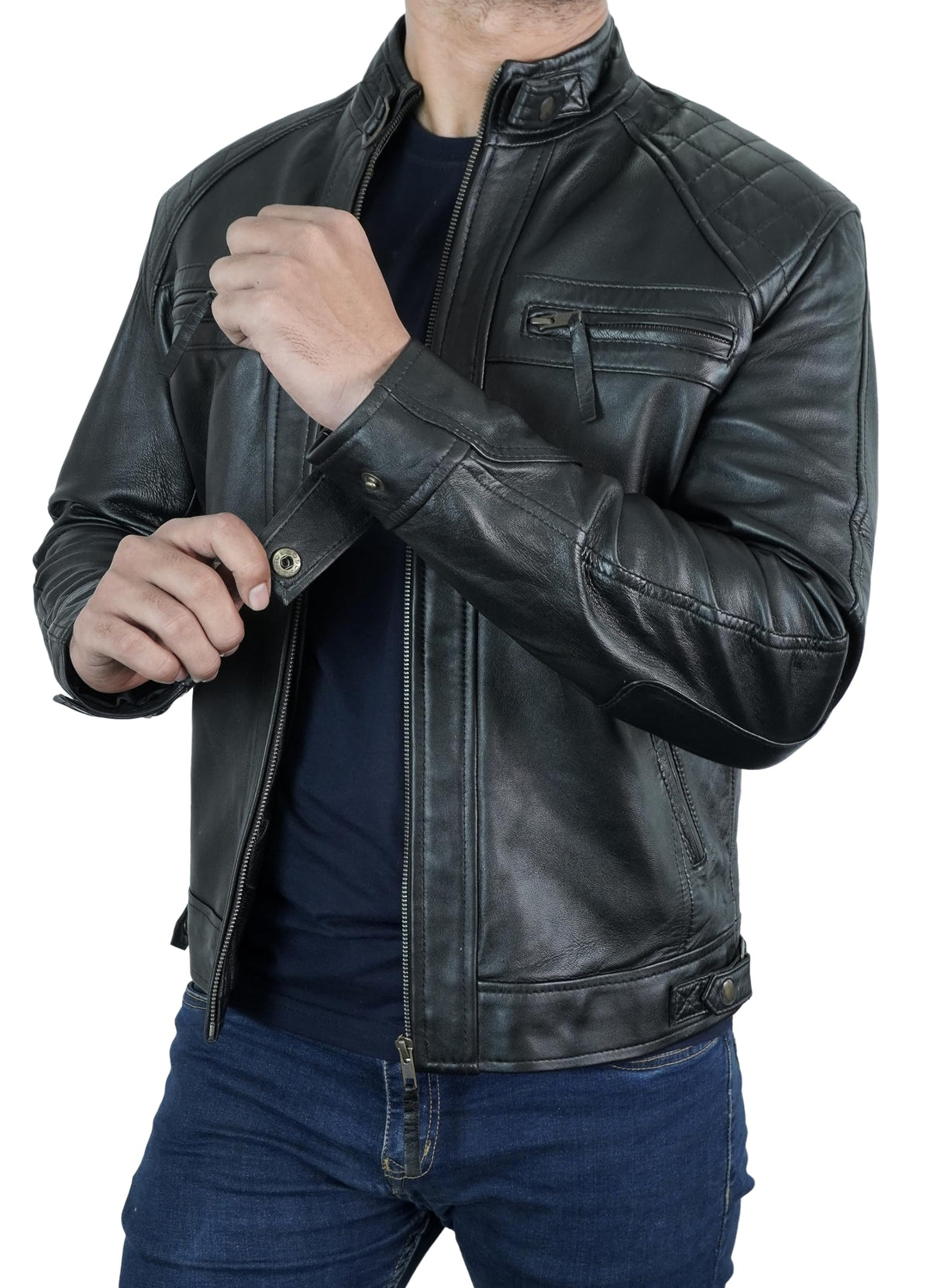 STOREJEES Leather Motorcycle Jacket Men | Diamond Black - S