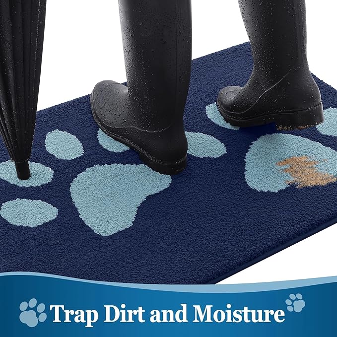 Buganda Dog Door Mat for Muddy Paws, Absorbent Dirt Trapper Washable Indoor Doormats, Non Slip Low-Profile Mud Mat for Dogs, Front Entrance Doormat for Inside Floor (48x30 Inches, Dark Blue)