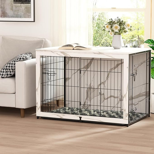 Megidok Wooden Dog Crate Furniture with Cushion,Large Dog Crate End Table with Tray, Double Doors Kennels Indoor (43.1" L*28.6" W*30.3" H, Marble White)
