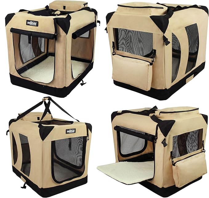 EliteField 3-Door Folding Soft Dog Crate with Carrying Bag and Fleece Bed (2 Year Warranty), Indoor & Outdoor Pet Home (24" L x 18" W x 21" H, Beige)