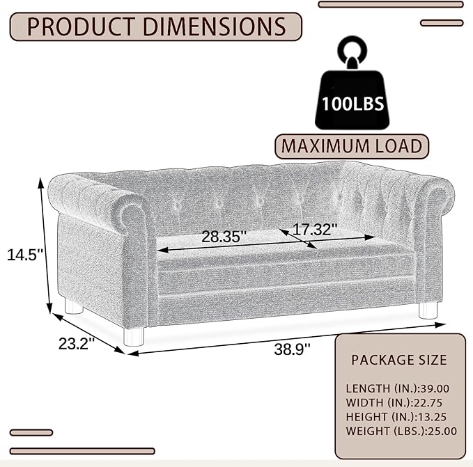Elevated Rectangle Dog Sofa for Small & Medium Dogs - Comfortable Linen Fabric Dog Bed with Button Tufted Back, Durable Modern and Stylish Pet Bed for Living Room, Bedroom (Brown)