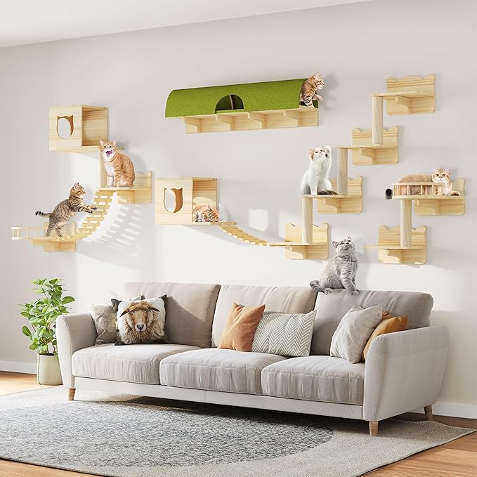 Cat Wall Shelves, 18-in-1 Solid Wood Wall-Mounted Cats Furniture Set with Scratching Post, Cat Climbing Wall Systems with 40''L Tunnel, Step, Condo, House, Bridge Ladder, Cats Shelf Furniture
