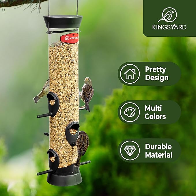 Kingsyard 2 Pack Tube Bird Feeder for Outdoors Hanging, Removable Base and Perch, 6 Feeding Ports - Easy to Clean, Premium Hard Plastic, Attracting for Finches Cardinals (Black)