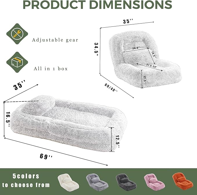 Gray Foldable Human Dog Bed - 69"x35"x12" Fits You & Pets with Comfy Pillow, Washable Faux Fur, Oversized Lounger Lazy Sofa Beds with 5 Adjustable Position