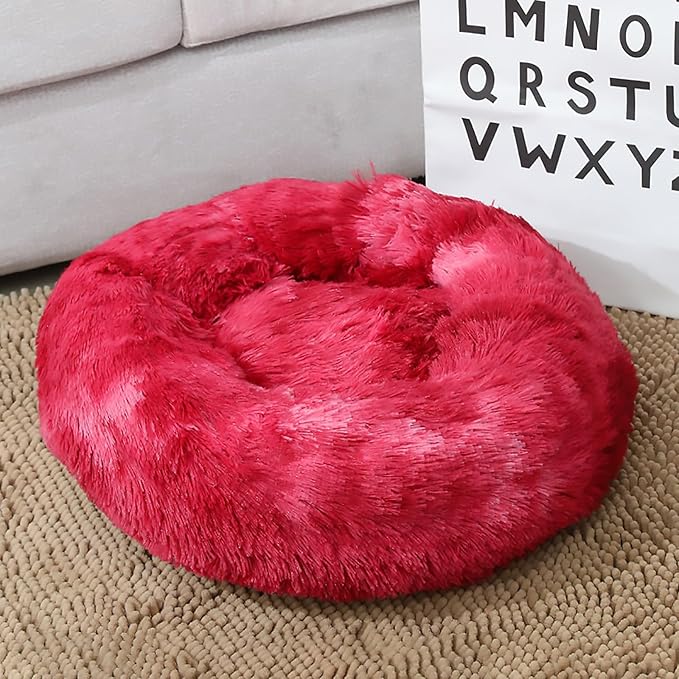 Calming Dog Bed for Small Dogs, Calming Donut Cuddler Pet Bed Anti Anxiety Round Dog Bed Fluffy Plush Faux Fur Cat Bed,Wine red,35.5IN