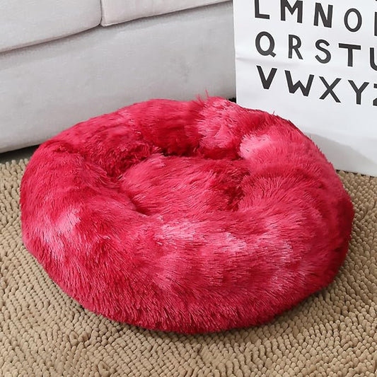 Calming Dog Bed for Small Dogs, Calming Donut Cuddler Pet Bed Anti Anxiety Round Dog Bed Fluffy Plush Faux Fur Cat Bed,Wine red,23.6IN