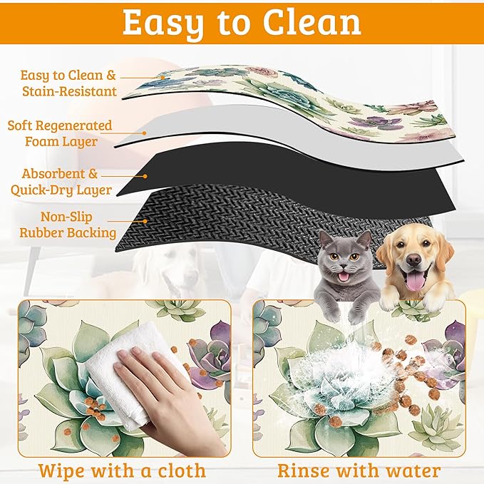 Dog Bowl Mat,Cactus Pet Feeding Mat for Floors Waterproof,Succulents Absorbent Dogs Placemat for Food and Water Quick Dry Pet Cat Feeding Mats with Non Slip Bottom 12" x 20"