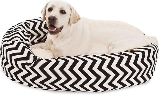 Majestic Pet 40 Inch Chevron Sherpa Calming Dog Bed Washable – Cozy Soft Round Pet Bed with Spine for Head Support - Fluffy Donut Bed 40x29x9 (inch) – Large - BLACK