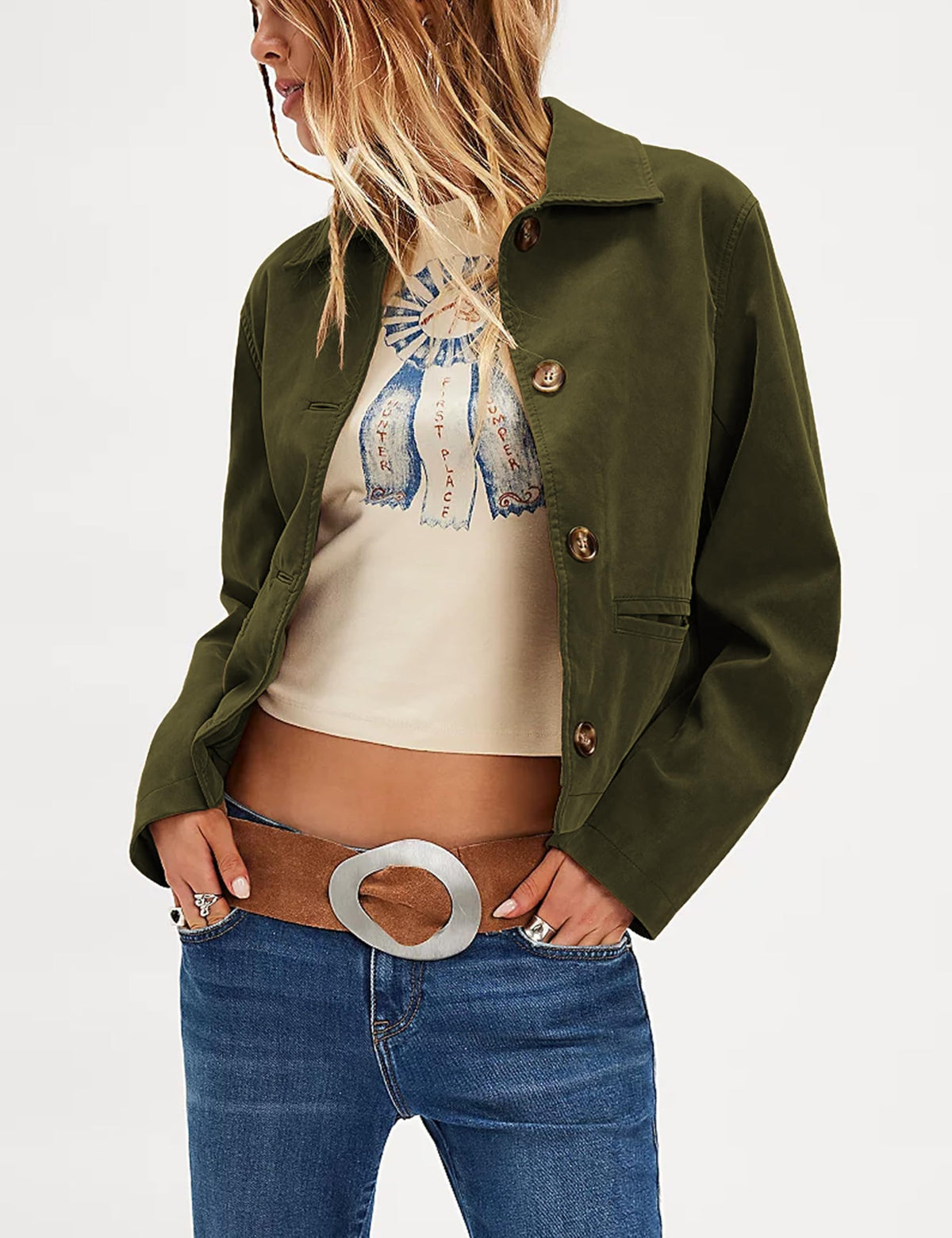 Ziqoty Women's Faux Suede Cropped Jacket with Lapel Soft Short Casual Blazer for Fall Winter Vintage Button Down Coat(ArmyGreen-L)