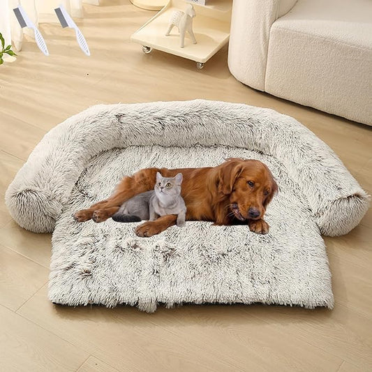Dream Cloud Pet Sofa Bed for Dogs Cats, 2026 Washable Removable Calming Fluffy Plush Mat for Furniture Protector, Long Fur Non-Slip, for Small/Medium/Large Home Pets (Coffee, L: 37.4 * 33.5IN)