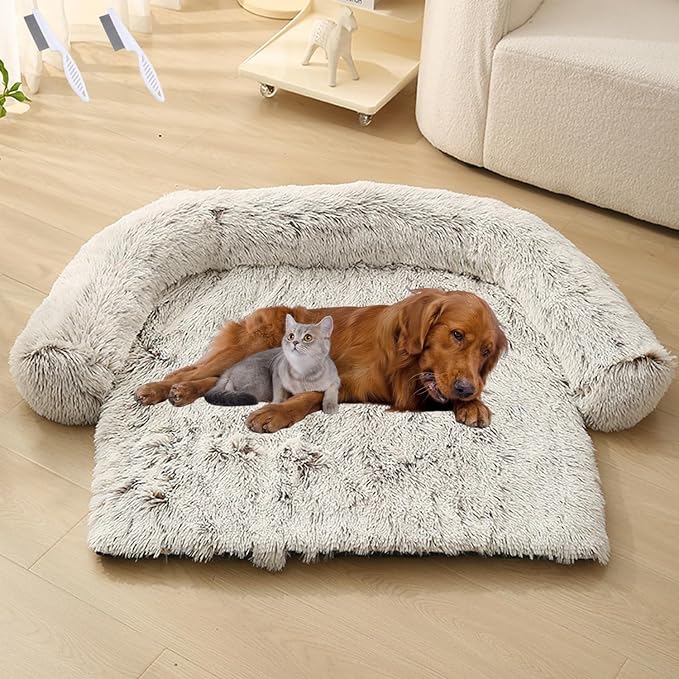 Dream Cloud Pet Sofa Bed for Dogs Cats, 2026 Washable Removable Calming Fluffy Plush Mat for Furniture Protector, Long Fur Non-Slip, for Small/Medium/Large Home Pets (Coffee, XL: 47.2 * 37.4IN)