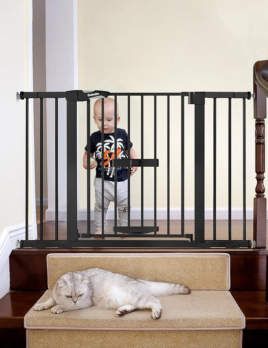 BABELIO 29-48" Extra Wide Baby Gate with Cat Door, Auto Close Metal Pet Door for Stairs, Doorways, House, Pressure/Hardware Mounted, Easy Walk Thru, Black