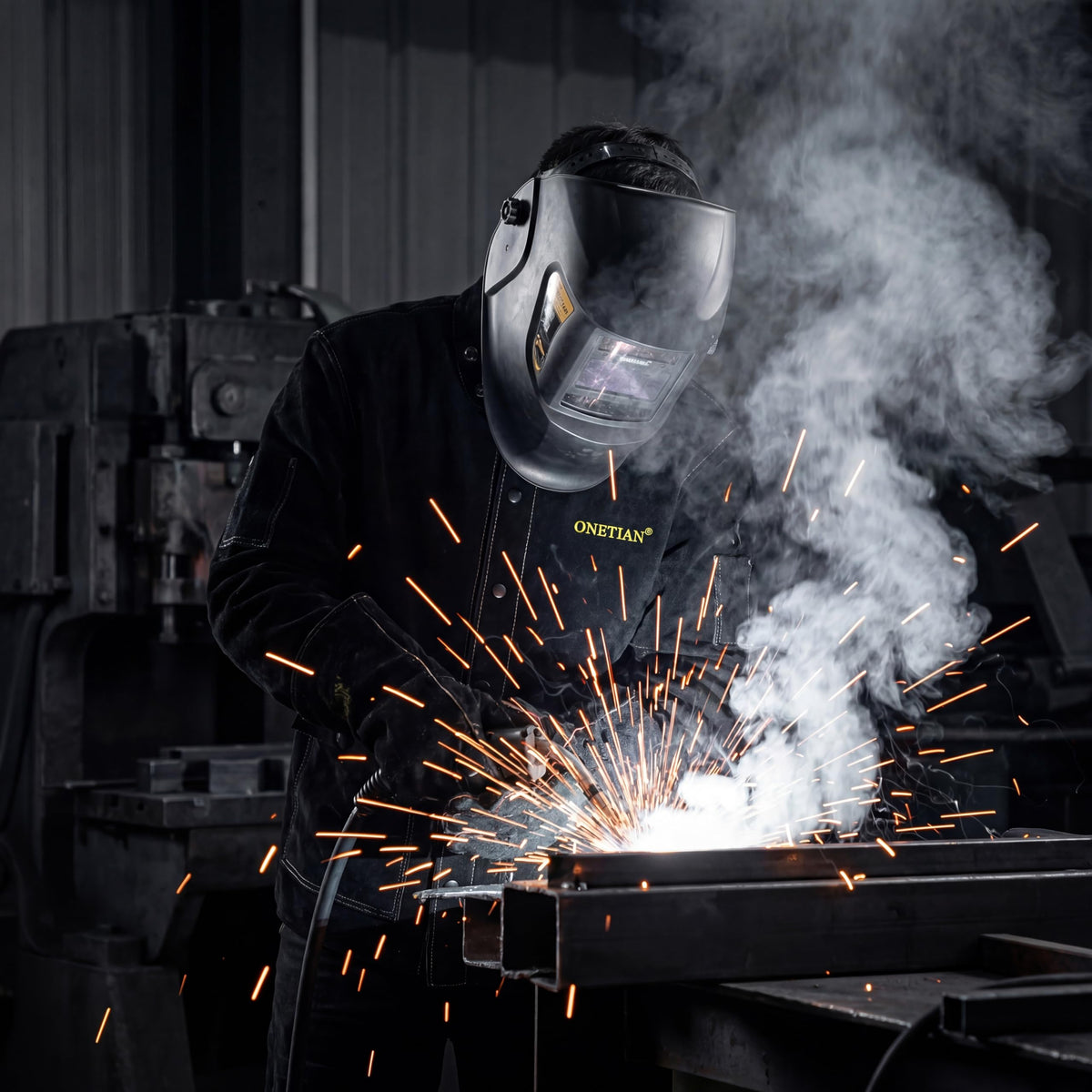 ONETIAN Black Leather Welding Jacket,Flame Heat Resistant (L)