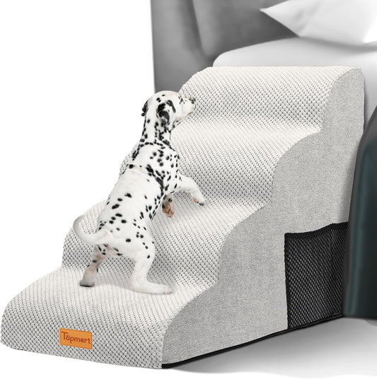 Topmart High Density Foam Dog Steps 4 Tiers,Extra Wide Deep Pet Steps,Non-Slip Dog Stairs Ramp for Bed,Soft Foam Cat Ladder,Best for Older Injured,Older Pets,Cats with Joint Pain