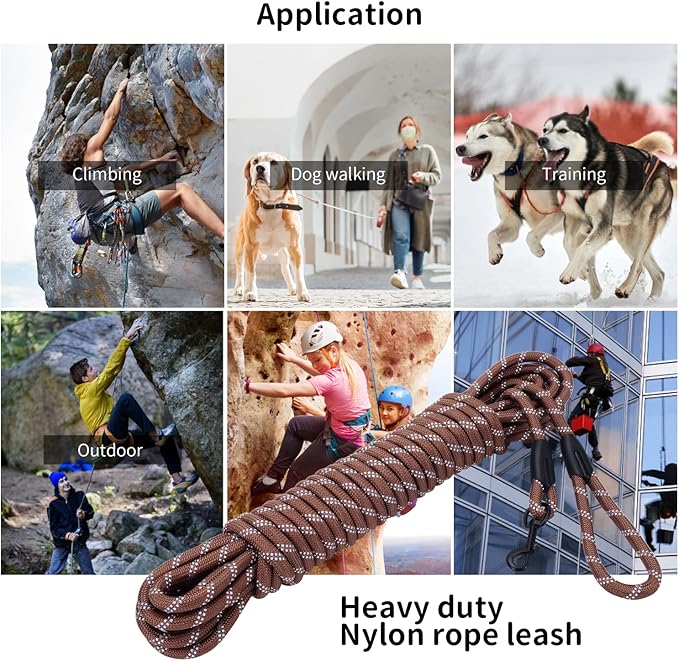 Long Dog Leash for Training 20Ft-Reflective Nylon Rope with Swivel Hook-Recall Agility Lead for Large Small Medium Dogs Outside Walking Hiking-Brown Diam 1/2"