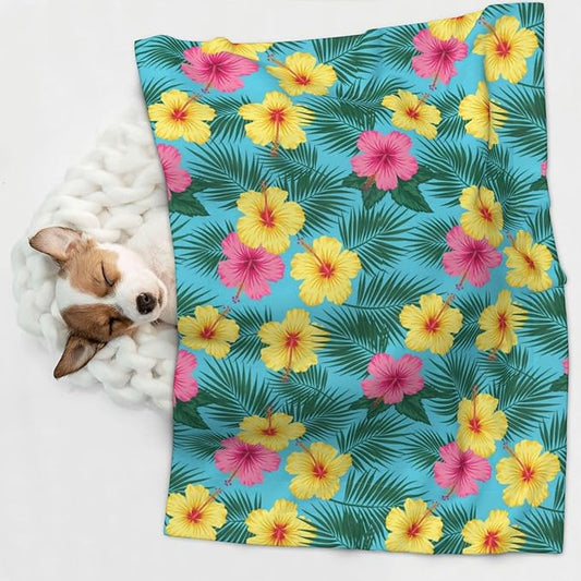 Double Sided Plush Pet Blanket with Cozy Dot Texture and Smooth Reverse, Hawaii Tropical Floral Plants, Reversible Throw for Dogs Cats on Couches Beds Crates
