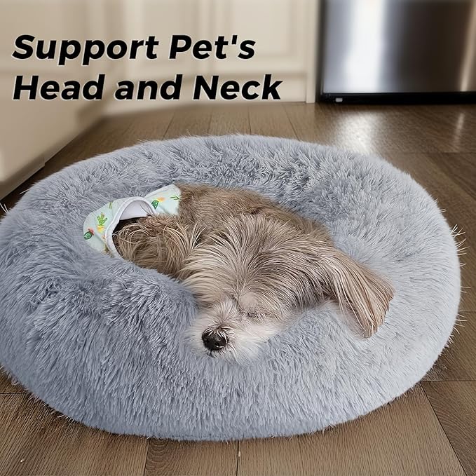 Calming Dog Bed & Cat Bed for Indoor Cats, Medium Size Washable Anti-Slip Anti-Anxiety Donut Dog Beds for Small Dogs & Cats, Fluffy Plush Cozy Round Dog Bed(20 Inch, Light Grey)