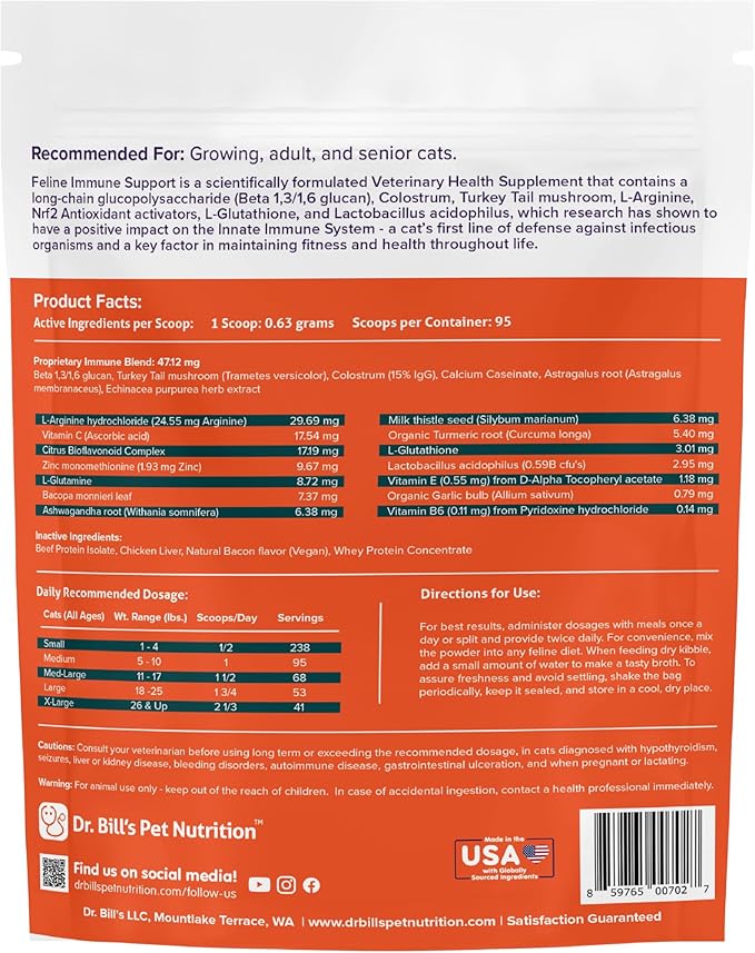 Dr. Bill’s Feline Immune Support | Boosts Cat Immunity and Health with Colostrum, Beta Glucan, Turkey Tail Mushroom, Zinc & Vitamin C | Powder Supplement for Cats of All Ages