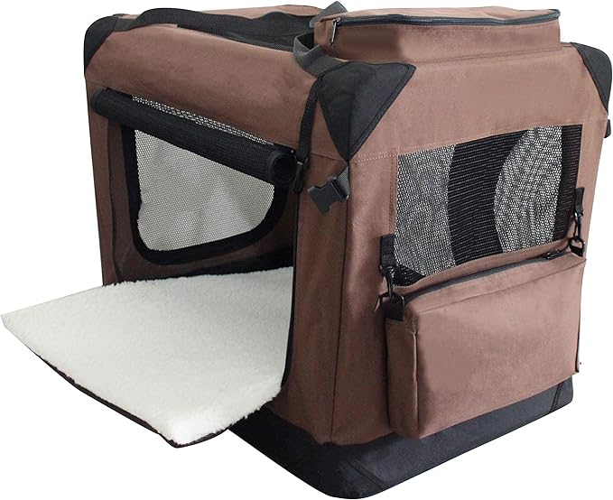 EliteField 3-Door Folding Soft Dog Crate with Carrying Bag and Fleece Bed (2 Year Warranty), Indoor & Outdoor Pet Home (30" L x 21" W x 24" H, Brown)