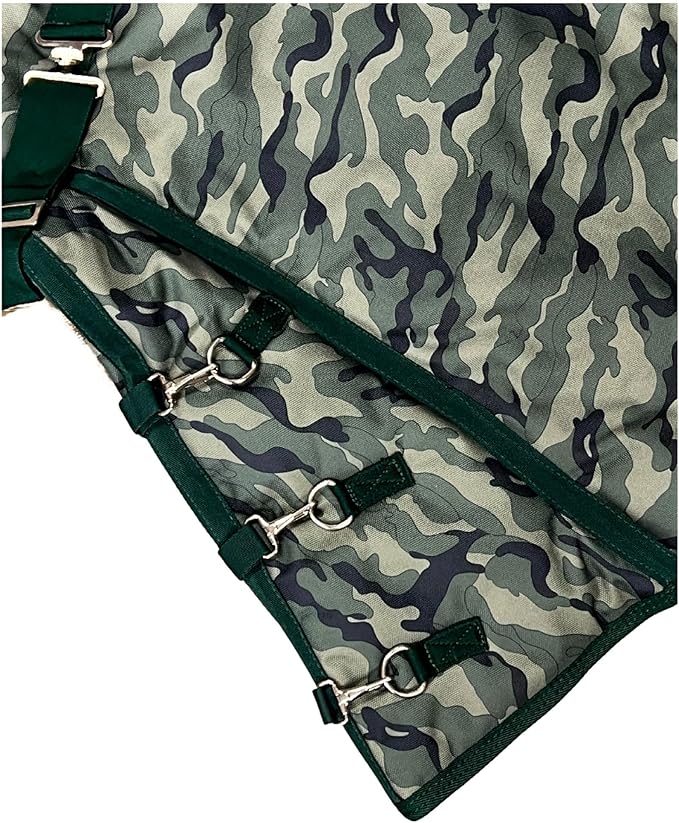 AJ Tack 1200D Waterproof Winter Horse Blanket with Hood - 400g Heavyweight Turnout with Fleece Collar, Shoulder Gussets & Tail Flap - Camouflage 72"