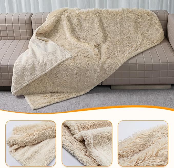 Waterproof Dog Blanket Beige Fluffy Long Faux Fur Pet Throw Blankets 28x20in for Couch Love Bed Cover Washable(Beige,XS)