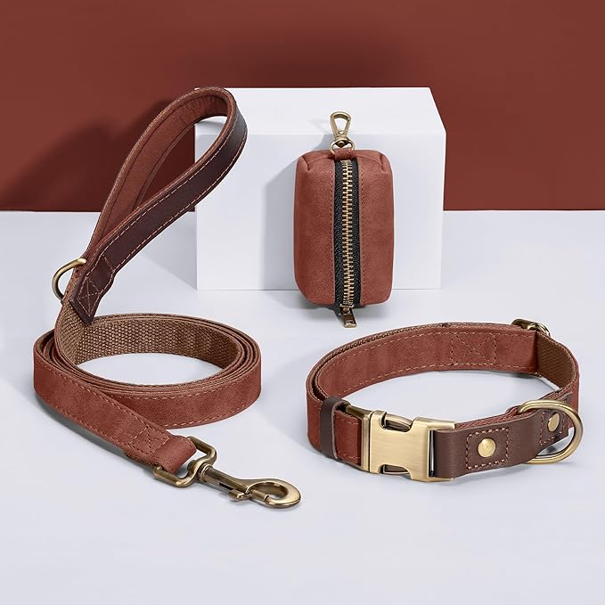 Didog Soft PU Leather Dog Collars for Medium Dogs,Classic Adjustable Dog Collars with Quick Release Metal Buckle,Easy Clean and Comfortable with Nylon Lining,Reddish Brown,M Neck 14-19"