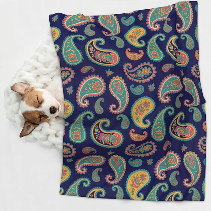 Reversible Plush Throw for Dogs and Cats, Colorful Paisley Flowers, Double Sided Blanket with Nubby Dot Side and Sleek Side Ideal for Cuddling Nesting Security