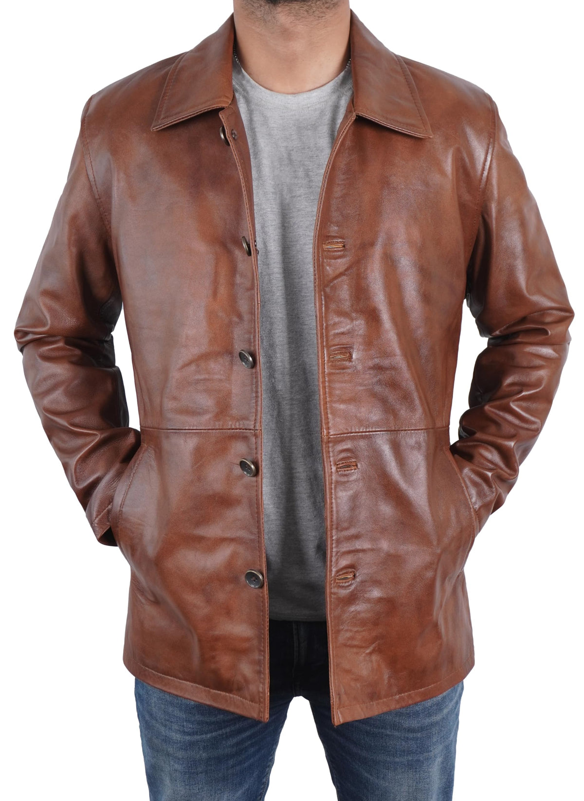 STOREJEES Brown Leather Jacket Men | Car Coat Brown, 5XL
