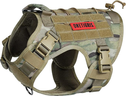 Tactical Dog Harness Vest with Handle, Military Dog Harness for Large Medium Dogs,No-Pull Service Dog Vest with Hook & Loop Panels,Adjustable Dog Vest Harness for Walking Hiking Training（Camo）