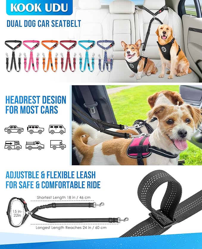 Dog Seat Belt for Car, Dual Pet Vehicle Headrest Restraint Safety Seatbelt,Two Dog Leash No Tangle Dog Car Leash Seat Belt,Duty Adjust Elastic Connect Harness in Vehicle Travel (Red)