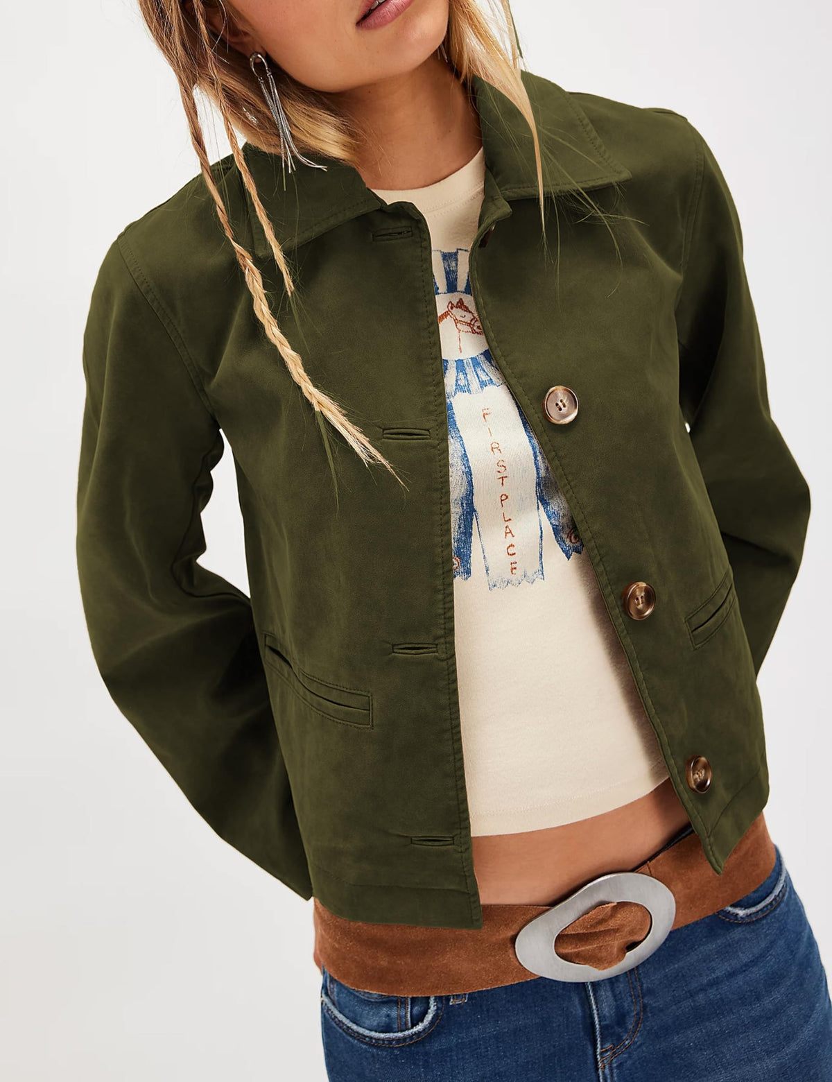 Ziqoty Women's Faux Suede Cropped Jacket with Lapel Soft Short Casual Blazer for Fall Winter Vintage Button Down Coat(ArmyGreen-L)