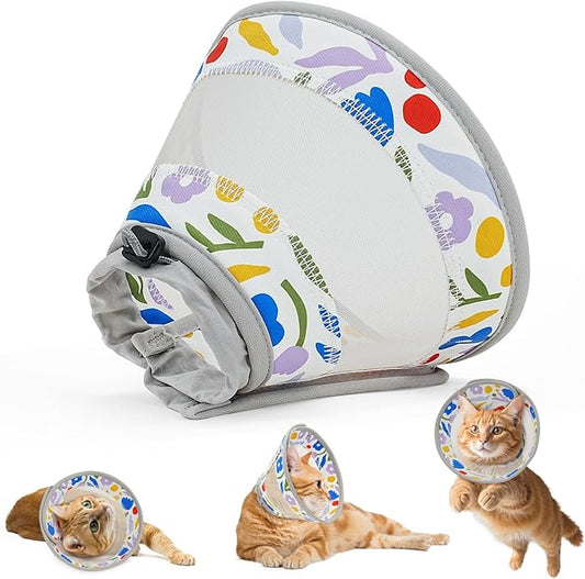 Breathable Air Mesh Cat Cone Collar Soft to Stop Licking, Adjustable, Foldable Lightweight Kitten Cones After Surgery Recovery for Cats & Kittens (Flower,M)