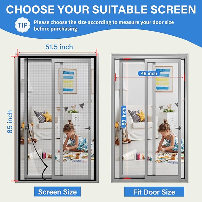 Magnetic Screen Door Left Right Side Opening Upgraded PET Mesh Greater Than Fiberglass and Polyester,Keep Bugs Out,Pet & Kid Friendly,Suitable for Sliding Doors,Patio French Doors-48" X 83"