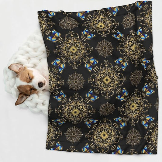 Reversible Plush Throw for Dogs and Cats, Colorful Mandala Art Flower Tie Dye, Double Sided Blanket with Nubby Dot Side and Sleek Side Ideal for Cuddling Nesting Security