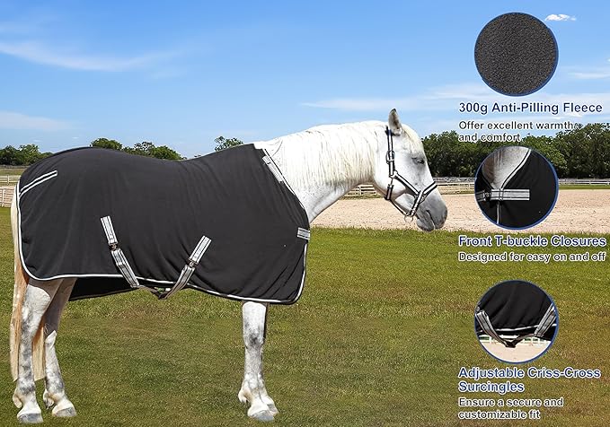 Horse Fleece Cooler, Blanket Liner - 300g Anti-Pilling Fleece, Moisture-Wicking, Cooling & Drying for Post-Workout, Bath & Travel, Prevent Overheating & Chilling Black 66