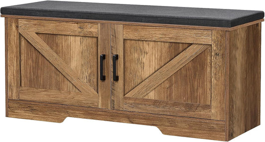 2-Tier Storage Bench, Shoe Bench with Padded Seat Cushion, Entryway Bench with 2 Barn Doors, Adjustable Shelf, 13.8" D x 39.4" W x 17.7" H, for Entryway, Living Room, Bedroom, Rustic Walnut