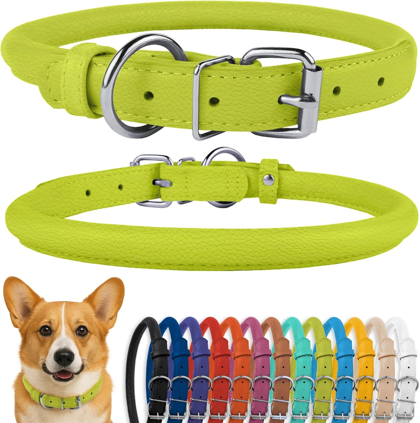 CollarDirect Rolled Leather Dog Collar, Soft Padded Round Puppy Collar, Handmade Genuine Leather Collar Dog Small Large Cat Collars 13 Colors (13-16 Inch, Lime Green Textured)