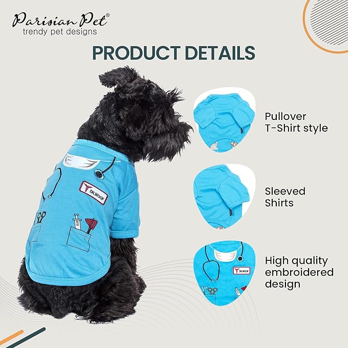 Parisian Pet Doctor Woof Shirt - Embroidered Pirate Costume - Cotton & Polyester Outfit - Sleeved Clothes - Blue Funny Shirts for Large Dogs - Pet Costumes - 3XL