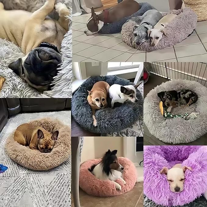Calming Dog Bed for Small Dogs, Calming Donut Cuddler Pet Bed Anti Anxiety Round Dog Bed Fluffy Plush Faux Fur Cat Bed,Gradient Grey,35.5IN