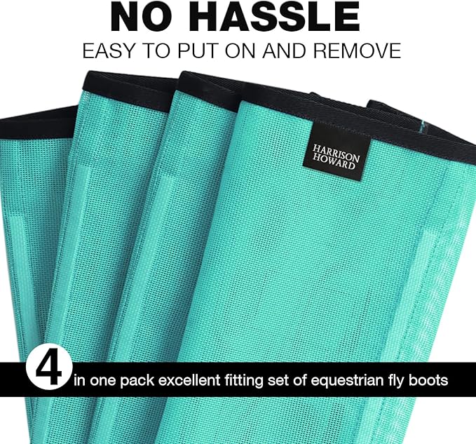 Harrison Howard Loose Fitting Fly Boots UV-Protective Extra Tough Mesh Ventilated Four Fasteners Stay-on Design Protect Horse Legs & Stomp-Reducing Set of 4 Mint Large