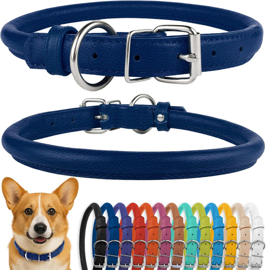 CollarDirect Rolled Leather Dog Collar, Soft Padded Round Puppy Collar, Handmade Genuine Leather Collar Dog Small Large Cat Collars 13 Colors (13-16 Inch, Deep Blue Textured)