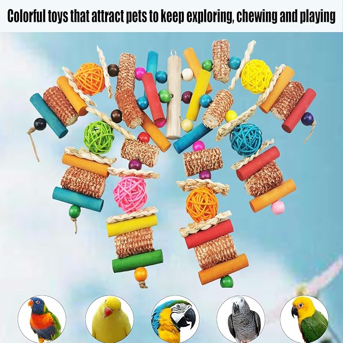Bird Toys, Parrot Toys for Large Birds, Natural Peppered Wood African Grey Parrots, Macaws, Cockatoos, Amazon Parrot chew Toys, Aviary Hanging Toys